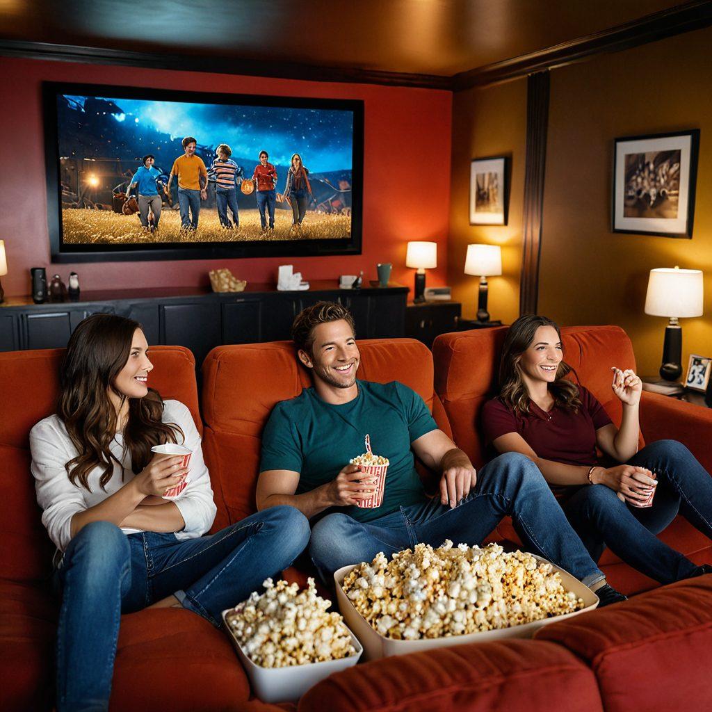 A cinematic scene capturing a diverse group of friends watching a movie together, relaxed and enjoying the moment, with a cozy home theater setting filled with plush seating and ambient lighting. Popcorn and drinks are scattered around, while the screen displays a colorful, abstract representation of mature entertainment themes. The image should evoke a sense of camaraderie and excitement for film exploration. super-realistic. vibrant colors. cozy ambiance.